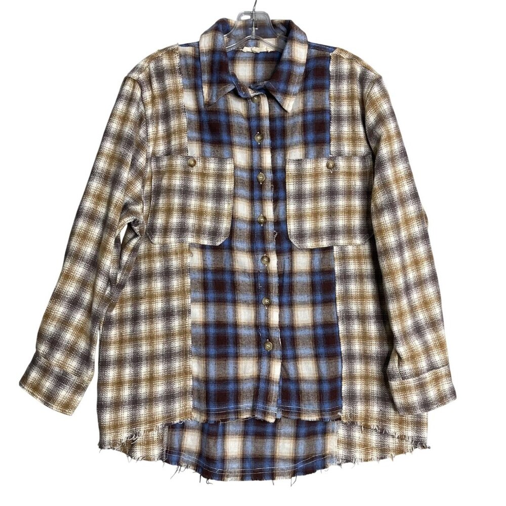 Promesa Plaid Button Up Shirt Womens S Blue Tan Mixed Print Oversized Boho